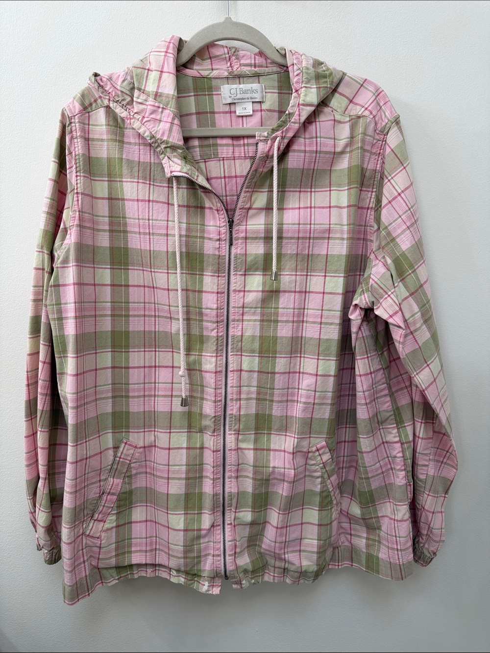 CJ Banks Pink and Olive Plaid Hooded Zip Jacket